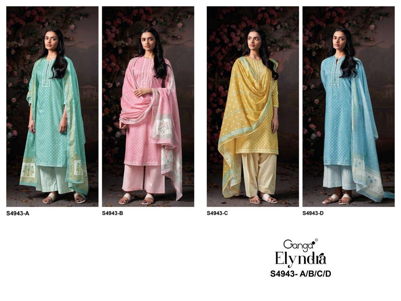 ELYNDRA 4943 By GANGA FASHION 4943 A TO 4943 D Beautiful Festive Suits Stylish Colorful Fancy Casual Wear & Ethnic Wear PREMIUM COTTON Dresses At Wholesale Price